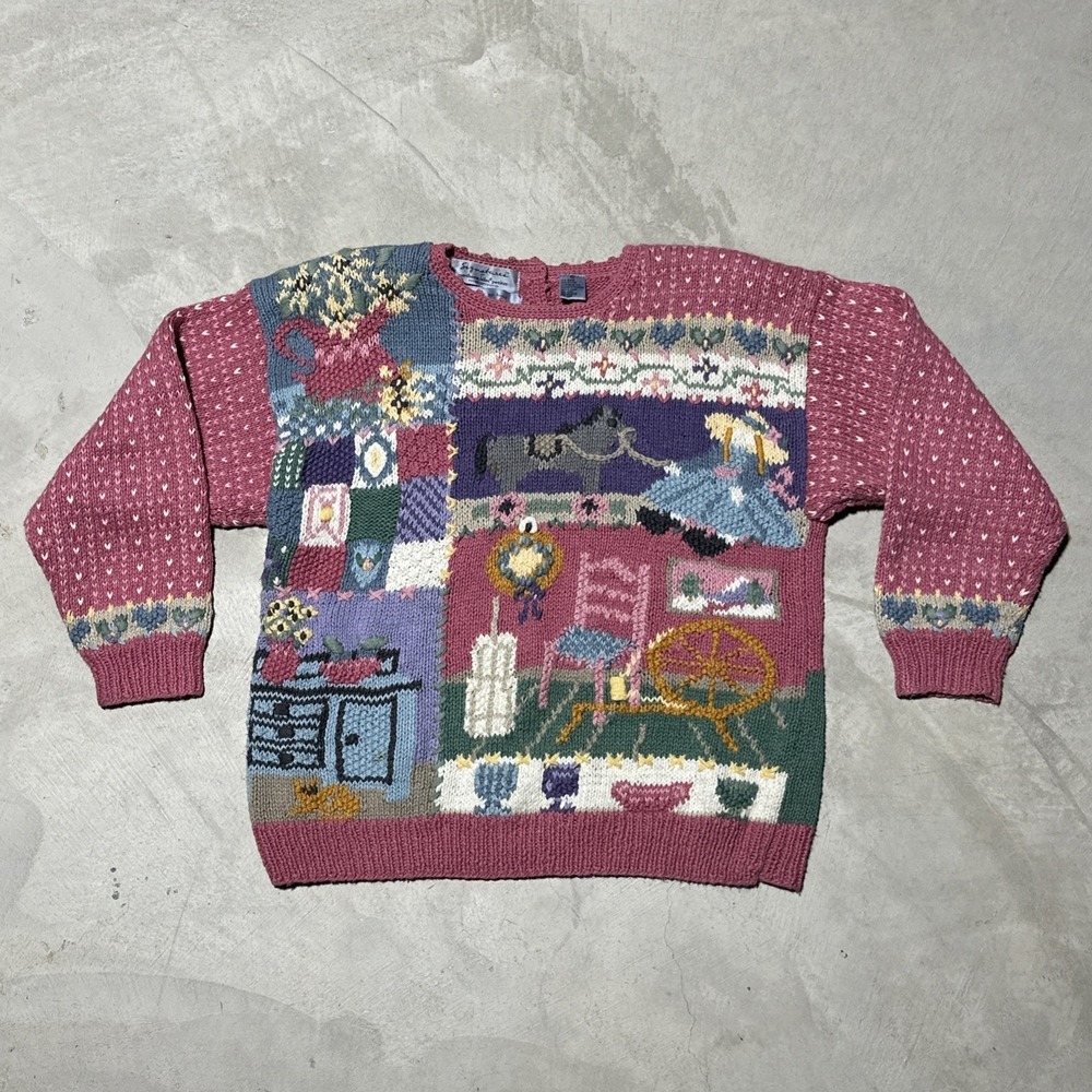 Vintage Hand Knitted Cardigan Sweater SZ L Cottagecore Antiques Farm House Pink - Picture 1 of 13